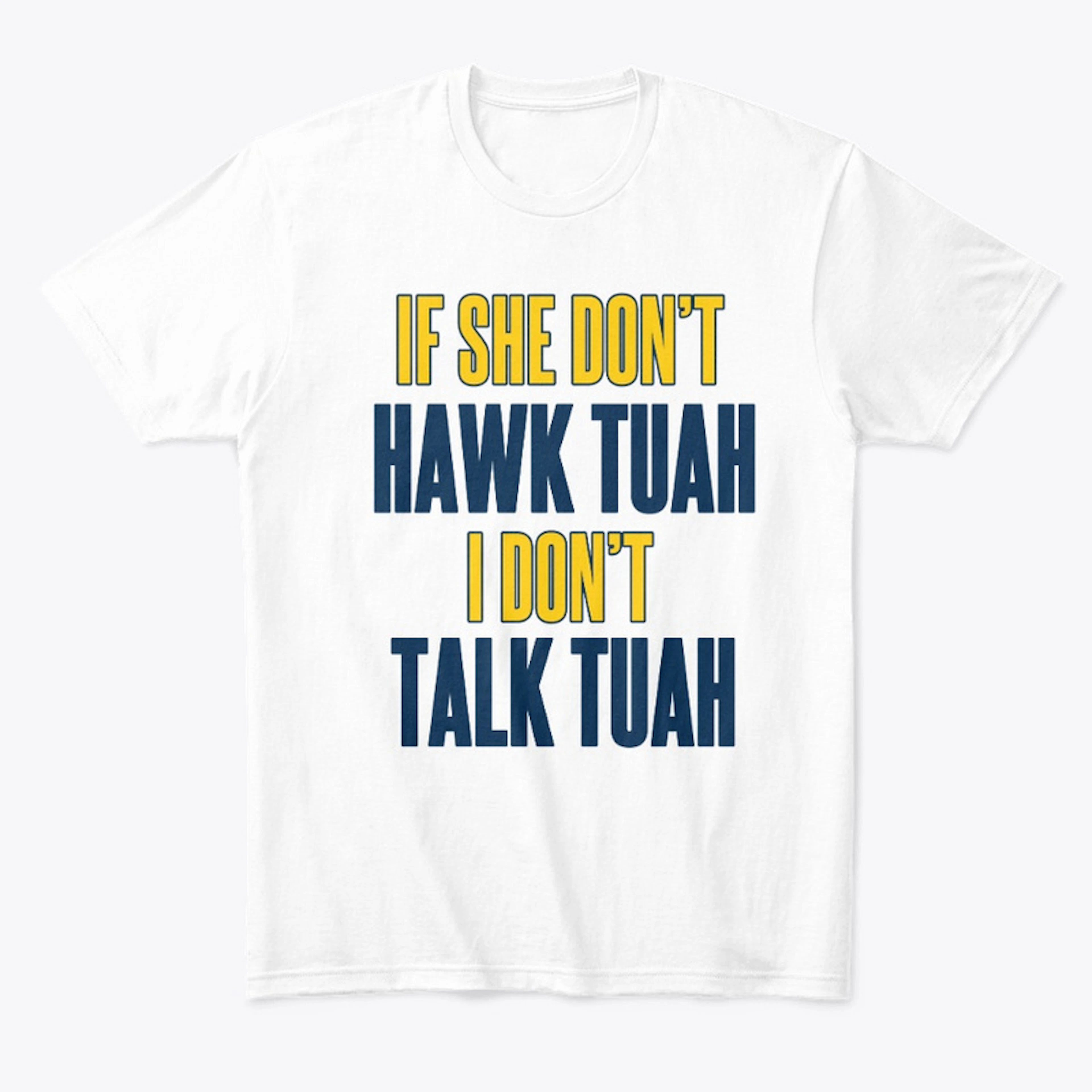 Hawk Tuah Tee, gold and midnight blue